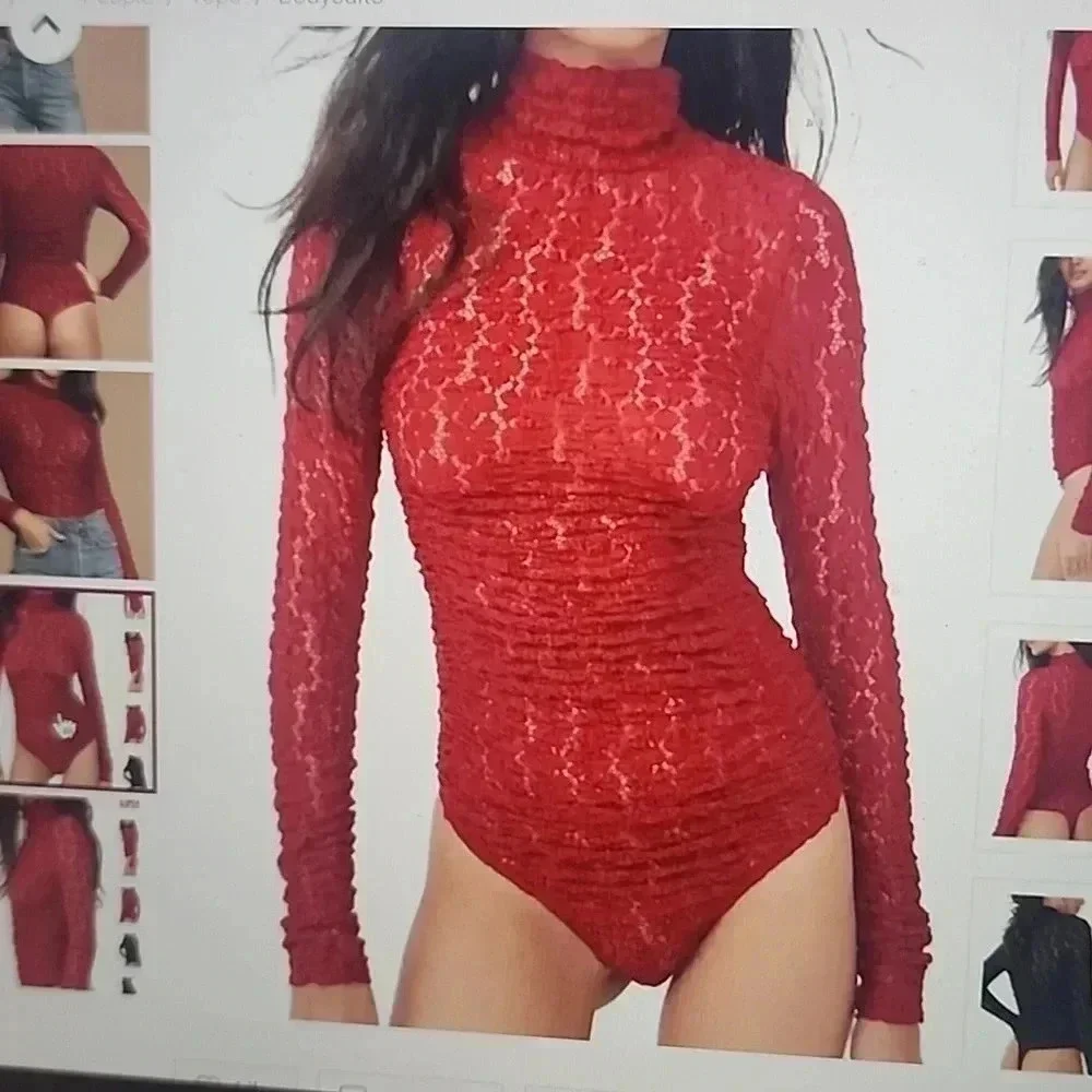 FREE PEOPLE SHEER LACE LONG SLEEVE BODYSUIT RED WINE SIZE S